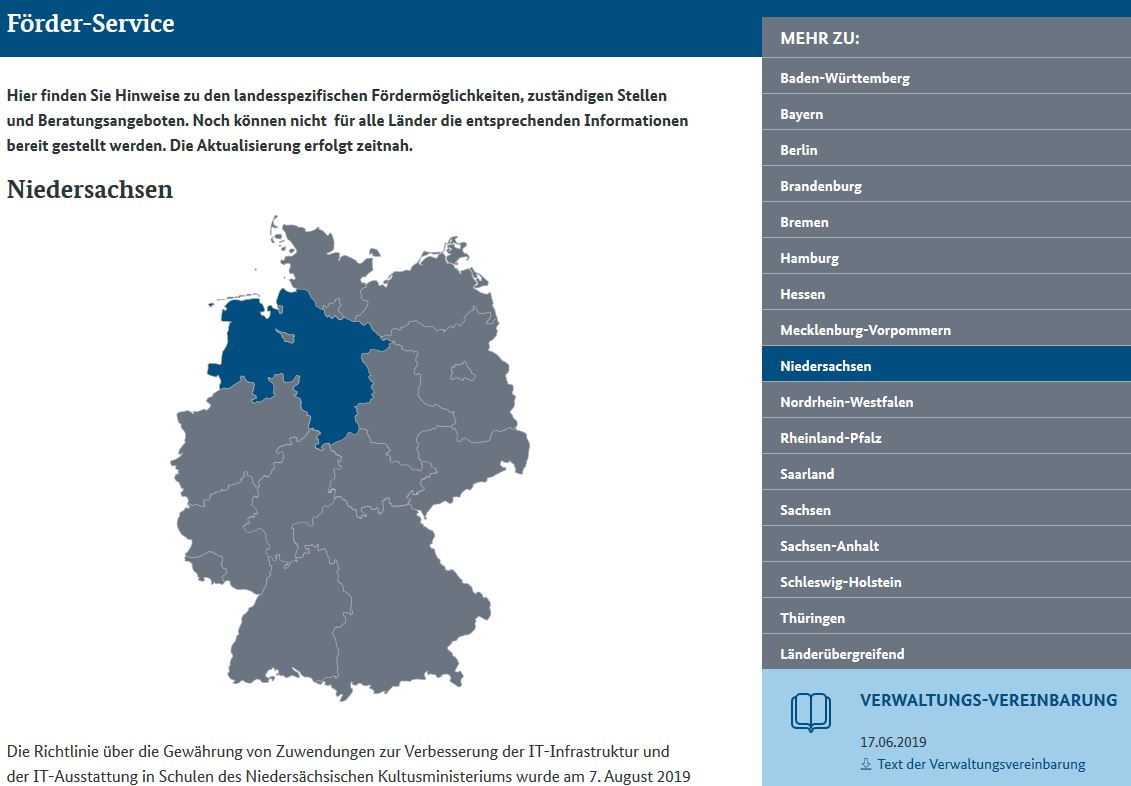 Screenshot aus der Internetseite: https://www.digitalpaktschule.de/de/foerder-service-1713.php?BL=9 am 28.1.2020 Digitalpakt Schule Förderrichtlinien BMBF Online-Antrag Fördergelder